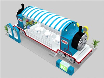 72平米展臺(tái)設(shè)計(jì)制作：四面開口/卡通/木質(zhì)結(jié)構(gòu)/藍(lán)色，為玩具展展商而作（免費(fèi)使用）