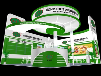 48平米展臺設(shè)計制作：二面開口/現(xiàn)代/木質(zhì)結(jié)構(gòu)/綠色，為食品展展商而作（免費(fèi)使用）