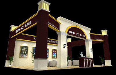 70平米展臺(tái)設(shè)計(jì)制作：三面開口/歐式/木質(zhì)結(jié)構(gòu)/米色，為食品展展商而作（免費(fèi)使用）
