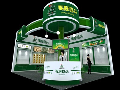 48平米展臺(tái)設(shè)計(jì)制作：二面開(kāi)口/現(xiàn)代/木質(zhì)結(jié)構(gòu)/綠色，為食品展展商而作（免費(fèi)使用）