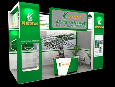 18平米展臺設計制作：二面開口/現(xiàn)代/木質結構/綠色，為食品展展商而作（免費使用）