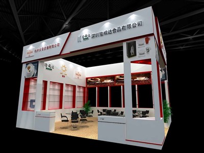42平米展臺設(shè)計(jì)制作：二面開口/現(xiàn)代/木質(zhì)結(jié)構(gòu)/白色，為食品展展商而作（免費(fèi)使用）