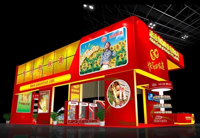 150平米展臺設(shè)計制作：四面開口/中式/木質(zhì)結(jié)構(gòu)/紅色，為食品展展商而作（免費使用）