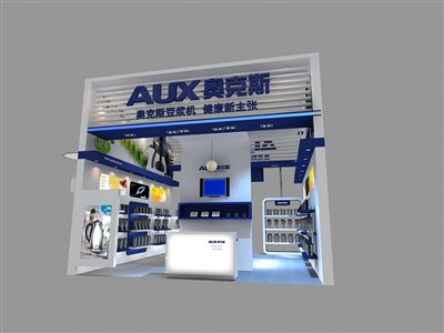 36平米展臺(tái)設(shè)計(jì)制作：二面開口/現(xiàn)代/木質(zhì)結(jié)構(gòu)/藍(lán)色，為家電展展商而作（免費(fèi)使用）