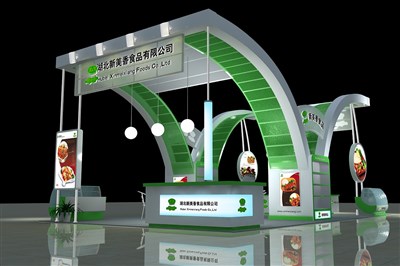 60平米展臺設(shè)計制作：四面開口/前衛(wèi)/木質(zhì)結(jié)構(gòu)/綠色，為食品展展商而作（免費(fèi)使用）