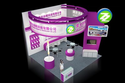 36平米展臺設(shè)計制作：三面開口/現(xiàn)代/木質(zhì)結(jié)構(gòu)/紫色，為安防展展商而作（免費使用）