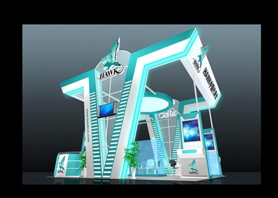 36平米展臺(tái)設(shè)計(jì)制作：三面開口/現(xiàn)代/木質(zhì)結(jié)構(gòu)/藍(lán)色，為家電展展商而作（免費(fèi)使用）