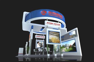 36平米展臺(tái)設(shè)計(jì)制作：三面開口/現(xiàn)代/木質(zhì)結(jié)構(gòu)/藍(lán)色，為食品展展商而作（免費(fèi)使用）