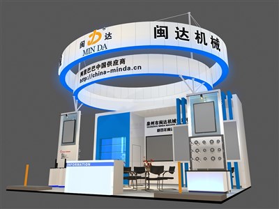 42平米展臺(tái)設(shè)計(jì)制作：三面開口/現(xiàn)代/木質(zhì)結(jié)構(gòu)/白色，為機(jī)械展展商而作（免費(fèi)使用）