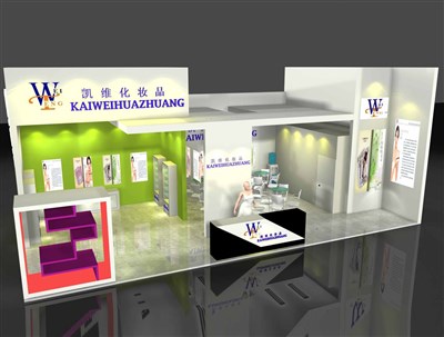 72平米展臺(tái)設(shè)計(jì)制作：二面開口/現(xiàn)代/木質(zhì)結(jié)構(gòu)/彩色，為美博會(huì)展商而作（免費(fèi)使用）