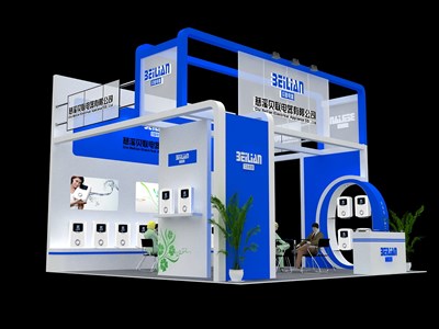 36平米展臺(tái)設(shè)計(jì)制作：三面開口/現(xiàn)代/木質(zhì)結(jié)構(gòu)/藍(lán)色，為家電展展商而作（免費(fèi)使用）