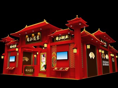 117平米展臺設(shè)計制作：二面開口/中式/木質(zhì)結(jié)構(gòu)/紅色，為食品展展商而作（免費使用）