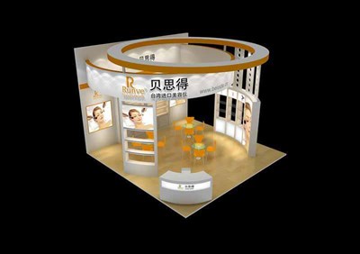 36平米展臺(tái)設(shè)計(jì)制作：四面開口/現(xiàn)代/木質(zhì)結(jié)構(gòu)/白色，為美博會(huì)展商而作（免費(fèi)使用）