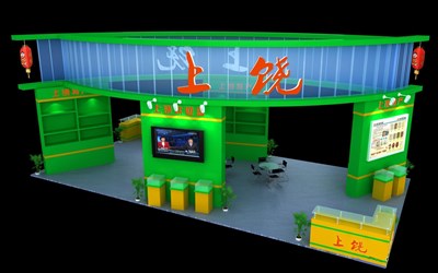 72平米展臺設(shè)計制作：四面開口/現(xiàn)代/木質(zhì)結(jié)構(gòu)/綠色，為食品展展商而作（免費(fèi)使用）