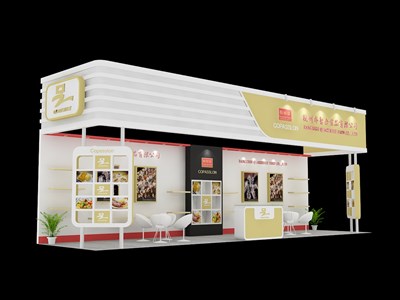 36平米展臺(tái)設(shè)計(jì)制作：三面開口/現(xiàn)代/木質(zhì)結(jié)構(gòu)/米色，為食品展展商而作（免費(fèi)使用）