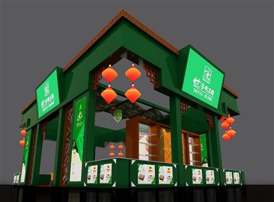 108平米展臺設(shè)計(jì)制作：四面開口/中式/木質(zhì)結(jié)構(gòu)/綠色，為食品展展商而作（免費(fèi)使用）
