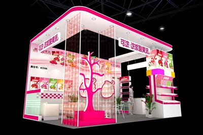 24平米展臺設(shè)計(jì)制作：三面開口/現(xiàn)代/木質(zhì)結(jié)構(gòu)/粉色，為食品展展商而作（免費(fèi)使用）