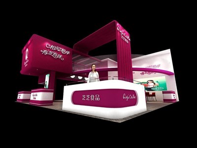 144平米展臺設(shè)計制作：三面開口/現(xiàn)代/木質(zhì)結(jié)構(gòu)/粉色，為食品展展商而作（免費使用）