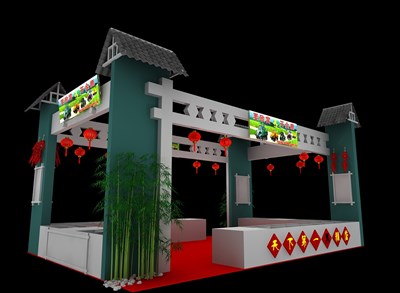 54平米展臺(tái)設(shè)計(jì)制作：二面開口/田園/木質(zhì)結(jié)構(gòu)/綠色，為食品展展商而作（免費(fèi)使用）