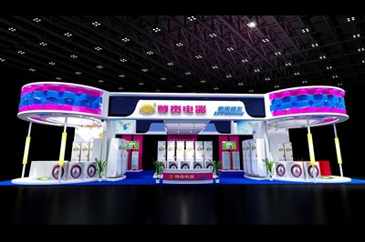 312平米展臺(tái)設(shè)計(jì)制作：四面開口/現(xiàn)代/木質(zhì)結(jié)構(gòu)/彩色，為家電展展商而作（免費(fèi)使用）