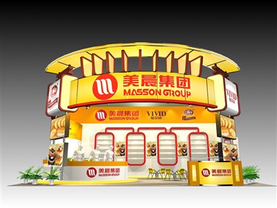 60平米展臺設(shè)計制作：三面開口/現(xiàn)代/木質(zhì)結(jié)構(gòu)/黃色，為食品展展商而作（免費(fèi)使用）