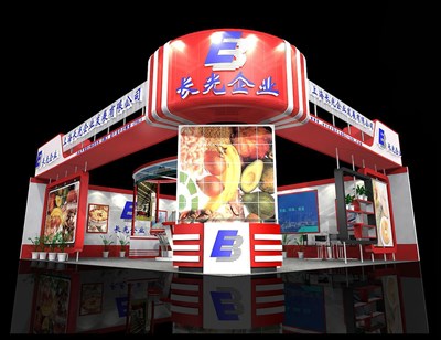 89.2平米展臺(tái)設(shè)計(jì)制作：二面開口/現(xiàn)代/木質(zhì)結(jié)構(gòu)/紅色，為食品展展商而作（免費(fèi)使用）