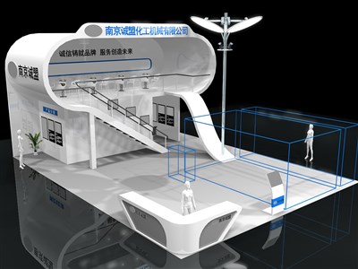 108平米展臺設(shè)計制作：三面開口/現(xiàn)代/雙層結(jié)構(gòu)/白色，為汽配展展商而作（免費使用）