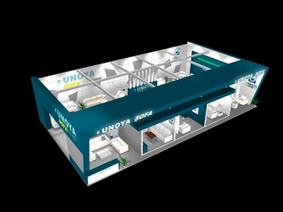 90平米展臺設(shè)計(jì)制作：二面開口/現(xiàn)代/型材結(jié)構(gòu)/藍(lán)色，為家具展展商而作（免費(fèi)使用）