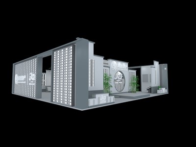 132平米展臺(tái)設(shè)計(jì)制作：三面開口/前衛(wèi)/型材結(jié)構(gòu)/灰色，為房產(chǎn)展展商而作（免費(fèi)使用）