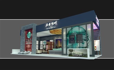 52平米展臺設(shè)計(jì)制作：三面開口/前衛(wèi)/木質(zhì)結(jié)構(gòu)/彩色，為房產(chǎn)展展商而作（免費(fèi)使用）