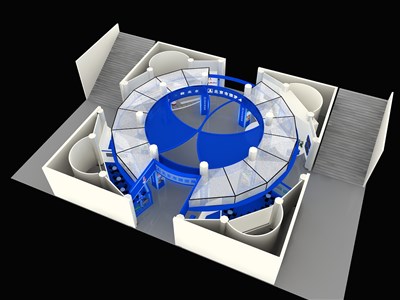 1024平米展臺(tái)設(shè)計(jì)制作：四面開口/現(xiàn)代/型材結(jié)構(gòu)/白色，為旅游展展商而作（免費(fèi)使用）
