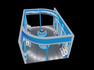 54平米展臺(tái)設(shè)計(jì)制作：二面開口/前衛(wèi)/木質(zhì)結(jié)構(gòu)/藍(lán)色，為旅游展展商而作（免費(fèi)使用）