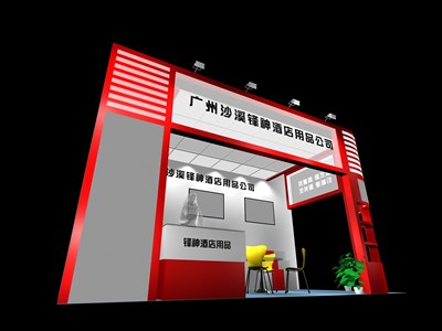 18平米展臺設(shè)計制作：二面開口/現(xiàn)代/木質(zhì)結(jié)構(gòu)/紅色，為綜合展展商而作（免費使用）