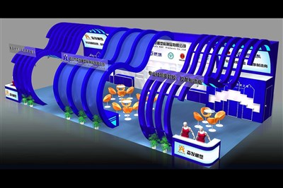 128平米展臺設(shè)計(jì)制作：三面開口/現(xiàn)代/木質(zhì)結(jié)構(gòu)/藍(lán)色，為建材展展商而作（免費(fèi)使用）