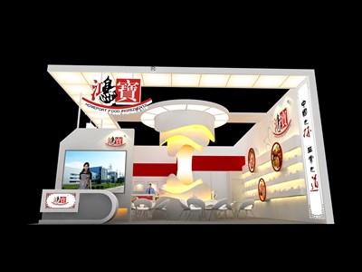 88平米展臺設(shè)計制作：二面開口/現(xiàn)代/木質(zhì)結(jié)構(gòu)/米色，為食品展展商而作（免費使用）